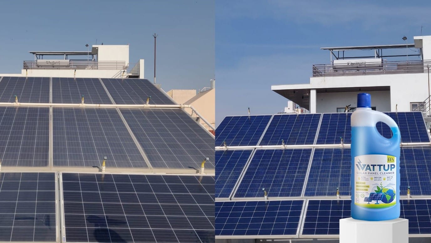 Before After Picture of Solar Panels Cleaned from WattUp Cleaning Solution