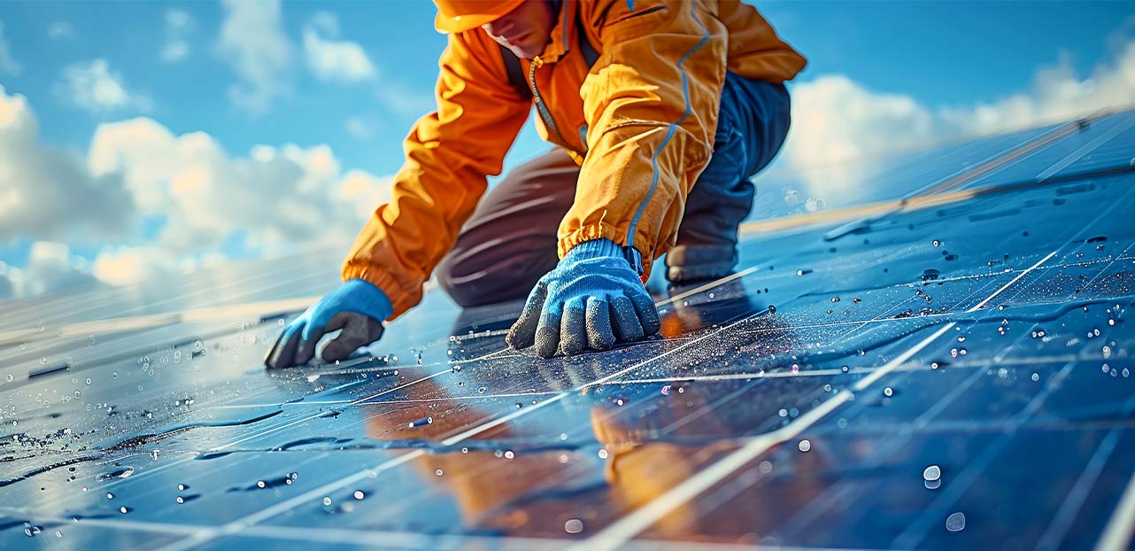 Technician In Orange Jacket And Blue Gloves Cleaning Solar Panels With Water On A Rainy Day